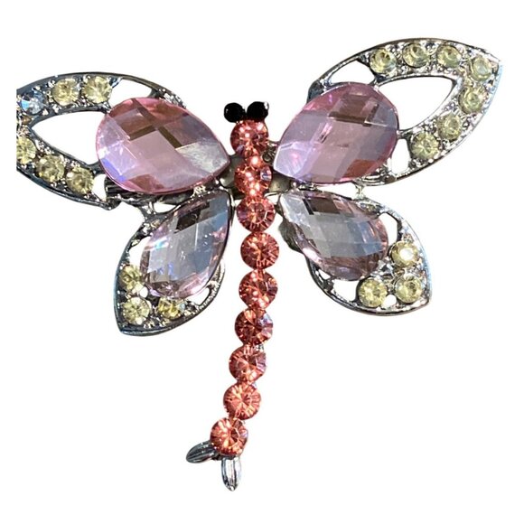 Rhinestone Dragonfly Pin Brooch With Pink & Clear Stones Metal Base - Picture 2 of 7